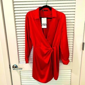 Red Zara Satin Effect Mini Wrap Dress